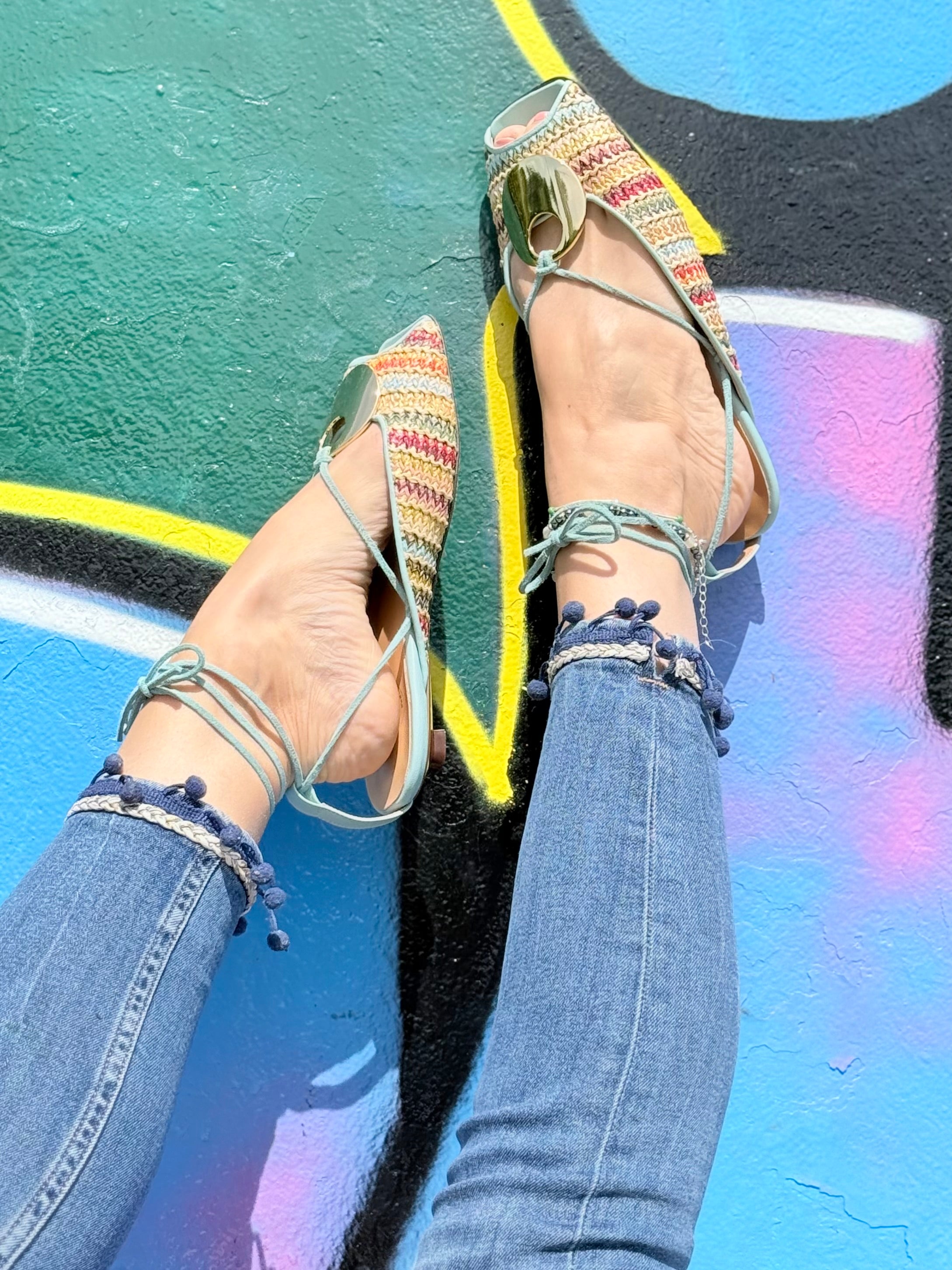 Image of Zina Rafia scarpina in rafia multicolore tacco 2cm artigianale marchigiana